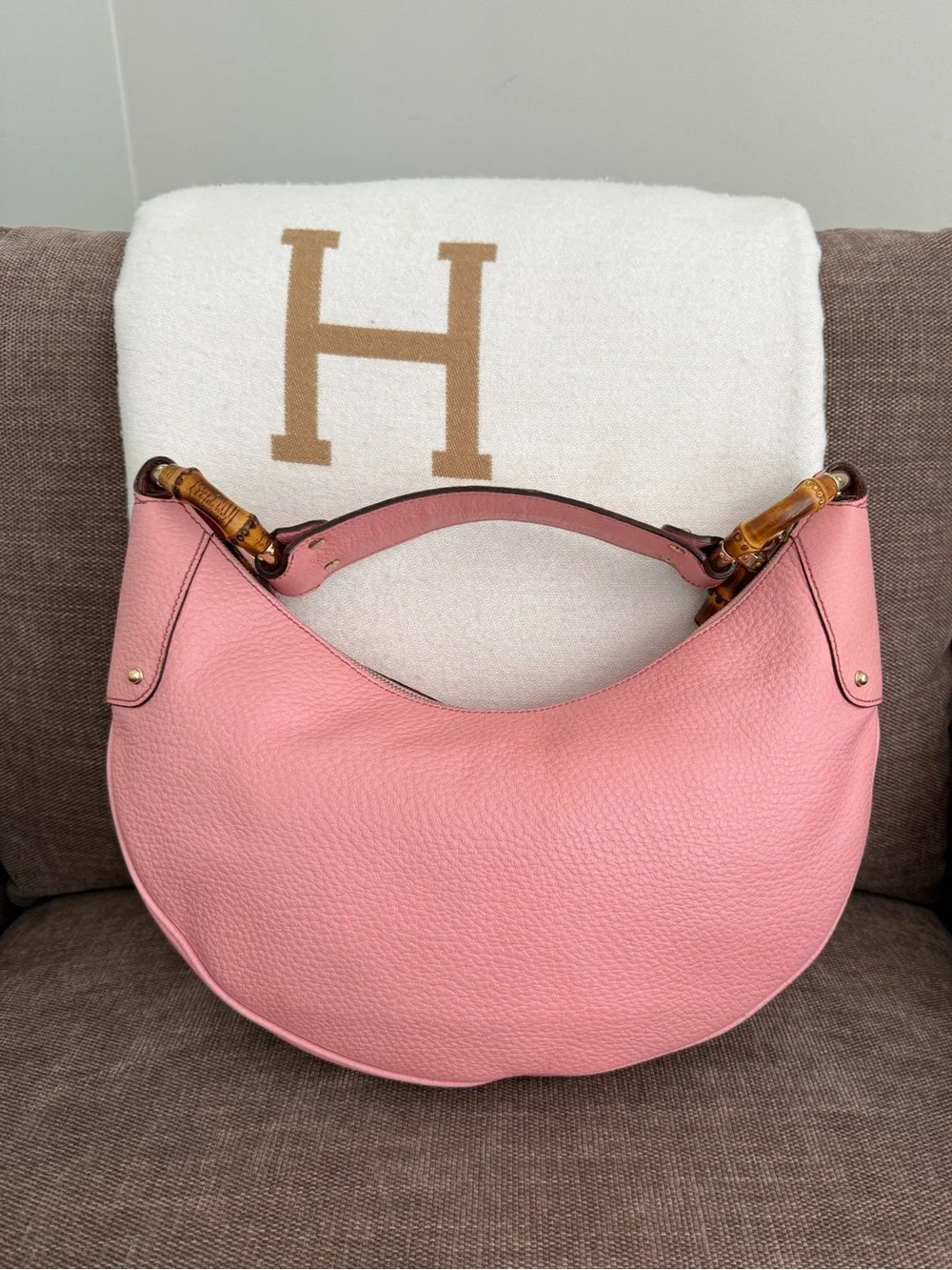Authentic Gucci pink leather hobo bag bamboo accents shoulder bag